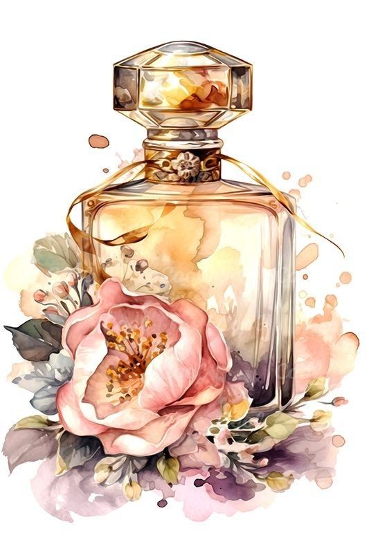 a watercolor painting of a perfume bottle with flowers