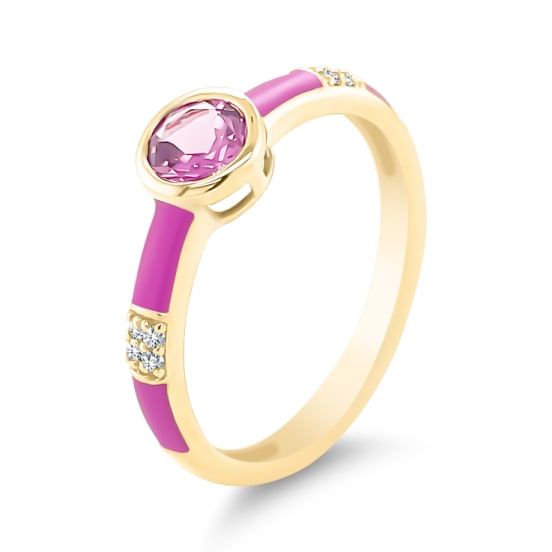 14K Yellow Gold Enamel Ring with  Birthstone and Diamond Sterling Silver Birthstone Ring, Pink Enamel, Enamel Ring, Tourmaline Ring, Pink Gemstones, Pink Ring, Tourmaline Gemstone, Gold Enamel, Silver Enamel