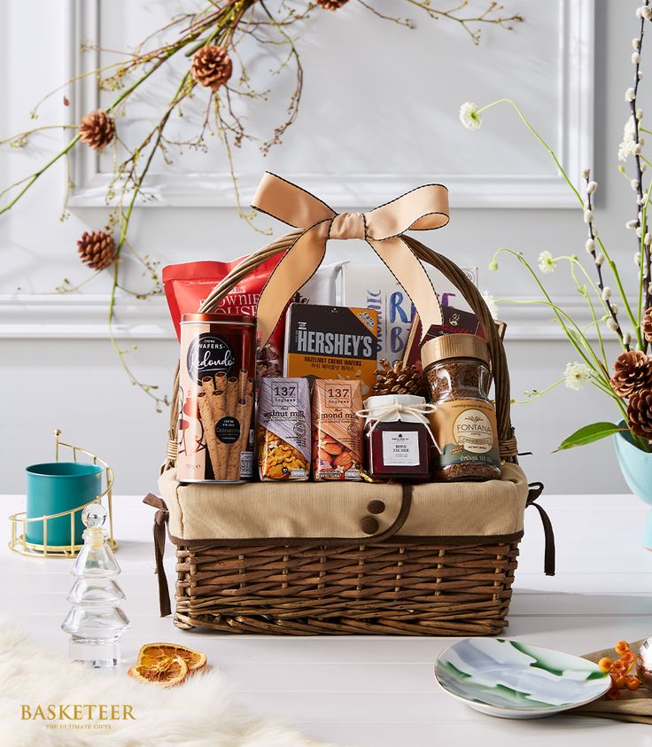 a basket filled with lots of different items sitting on top of a table next to a plate