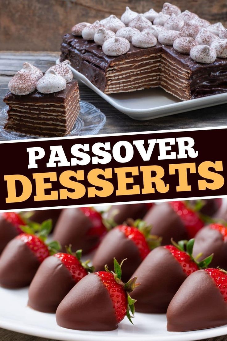 chocolate desserts with strawberries on a plate and the words passover desserts