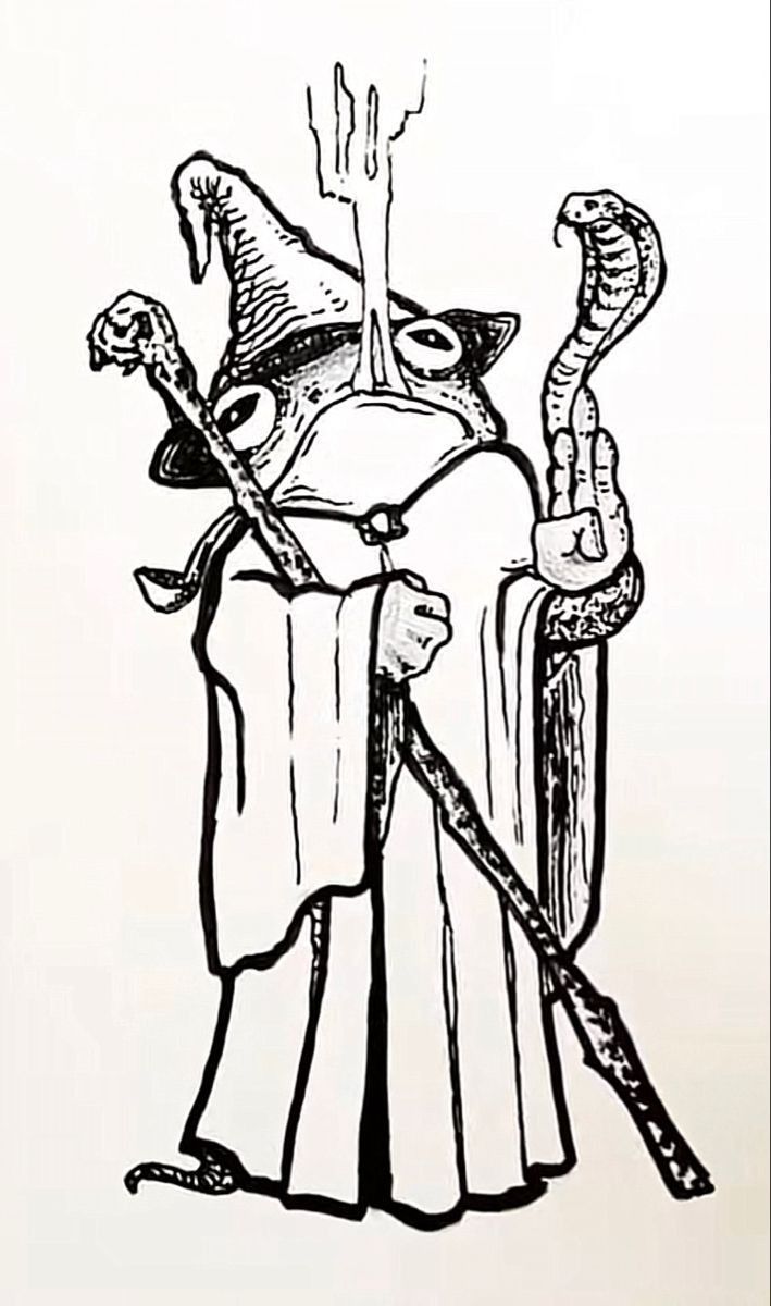 a black and white drawing of a wizard