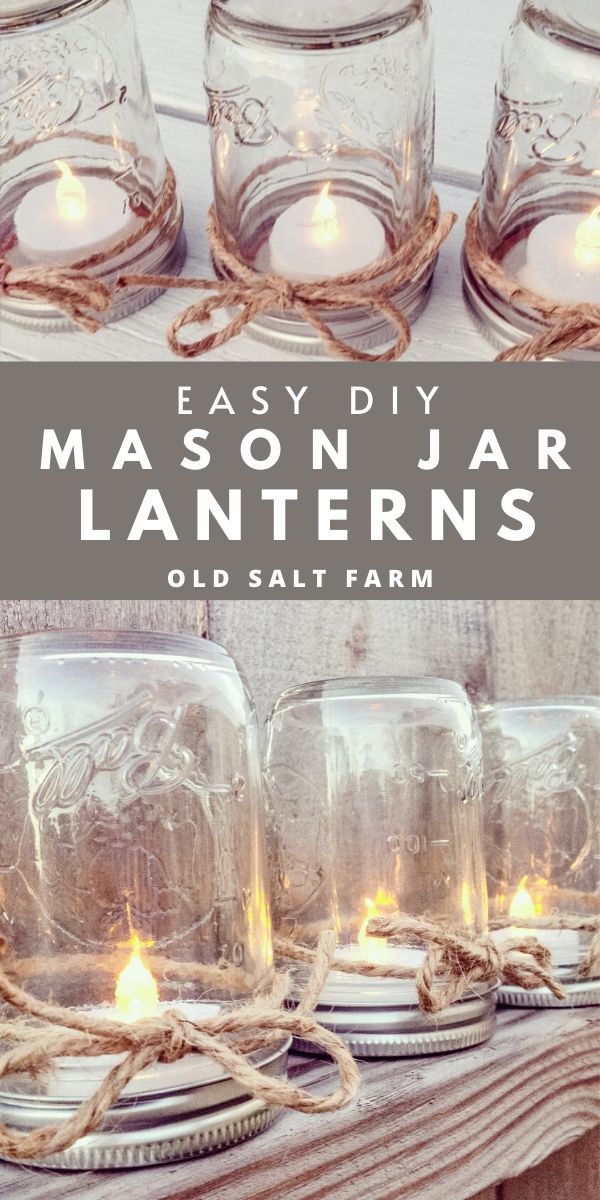 mason jar lanterns with rope around them and candles in them on top of a table