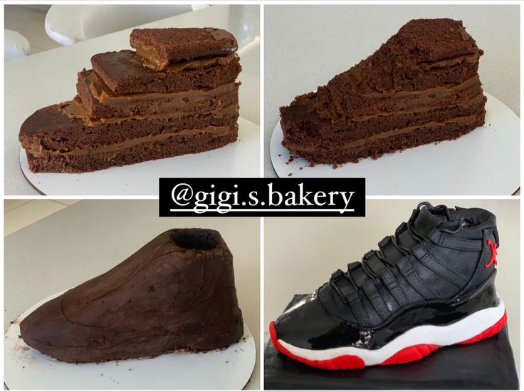 four pictures of different types of cakes and shoes on display with caption that says egij s bakery