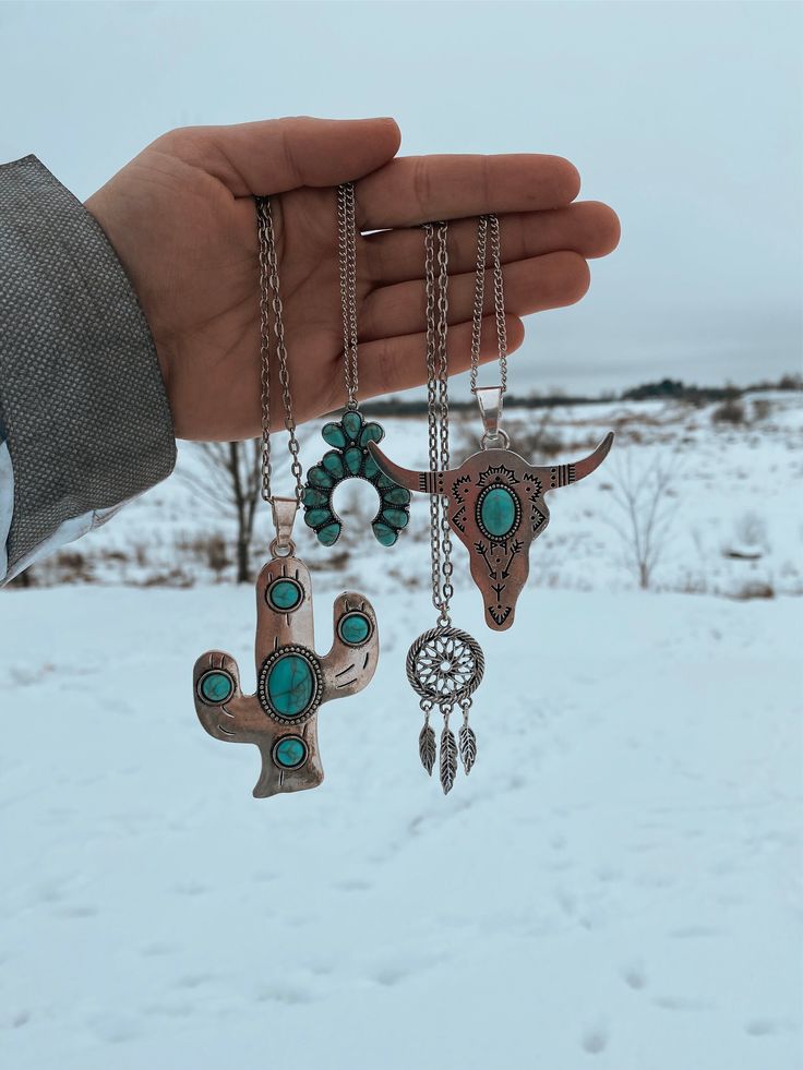 22 inches long 4 styles, in order: Cactus Turquoise Pendant Dream Catcher Long Horn Handmade  Homemade  Custom Made Turquoise Western Style Necklace For Gift, Western Style Blue Necklace For Gift, Long Horn, Turquoise Pendant, Charm Necklaces, Horn, Favorite Jewelry, Dream Catcher, Charm Necklace