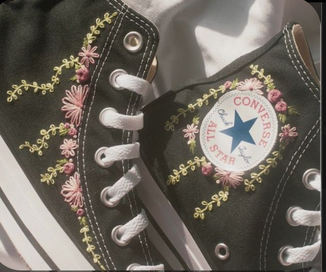 Hand Embroidered Converse, Custom Converse Aesthetic, Hand Embroidered Shoes, How To Embroider Converse, Customized Converse High Tops, Converse Custom Art, Shoes Aesthetic Converse, Embroider Converse, Custom Converse Ideas