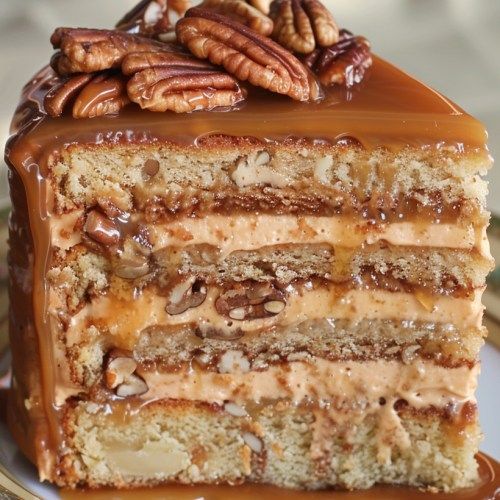 a piece of cake with pecans and caramel on top