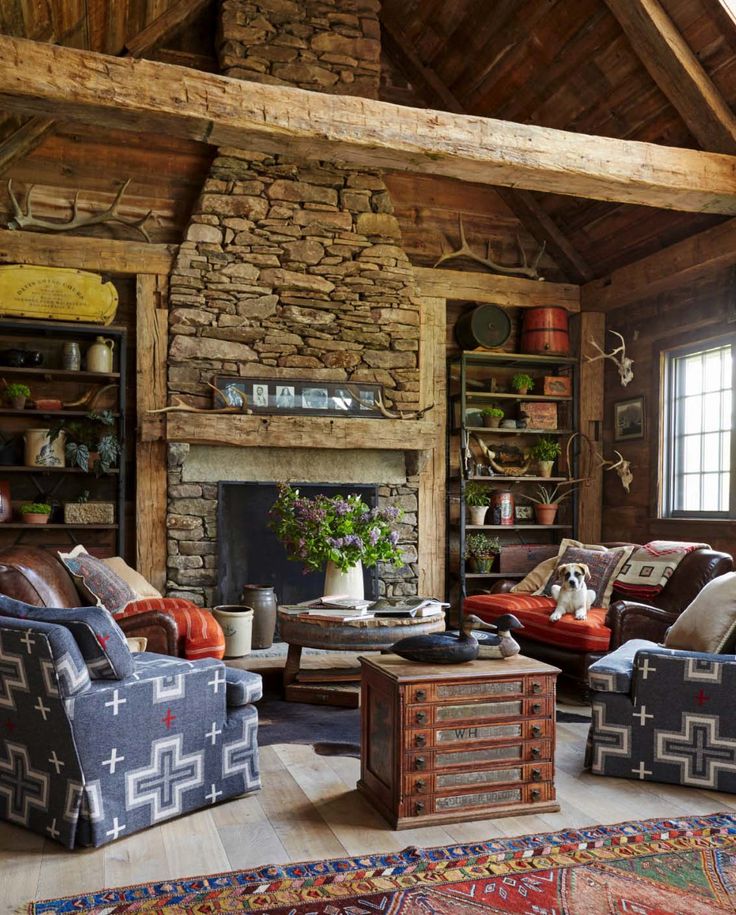 a living room filled with lots of furniture and a fire place in the middle of it