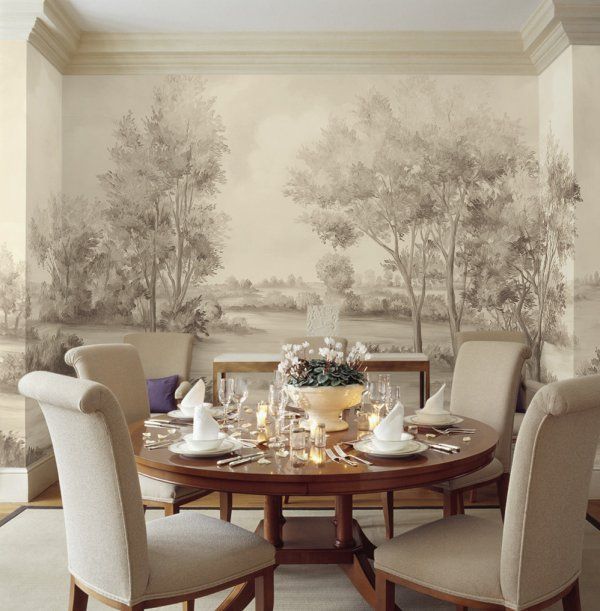 a dining room table with chairs and a wallpapered mural on the wall behind it