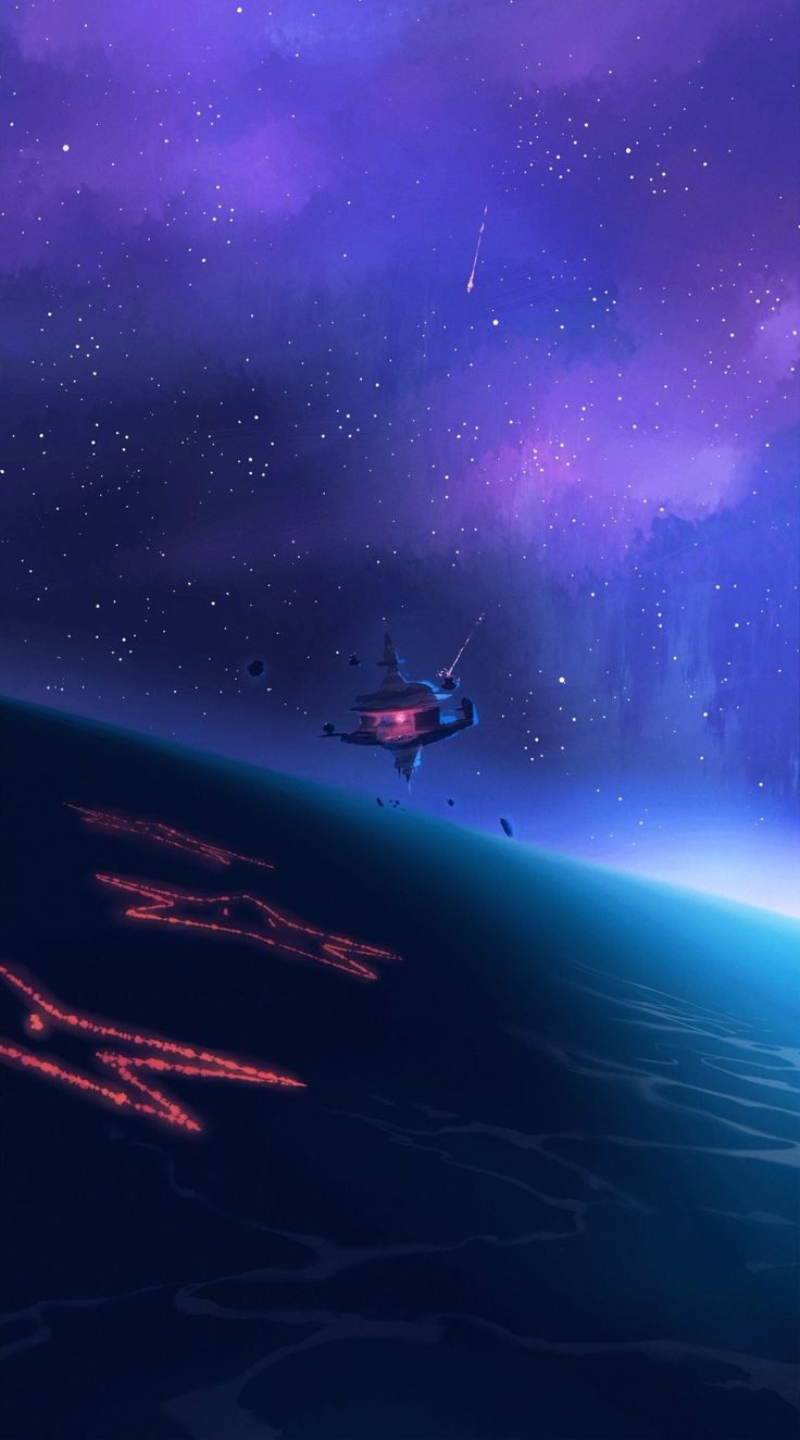 an artist's rendering of a space station in the distance with stars above it