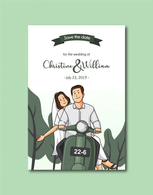 a wedding card with a couple on a scooter