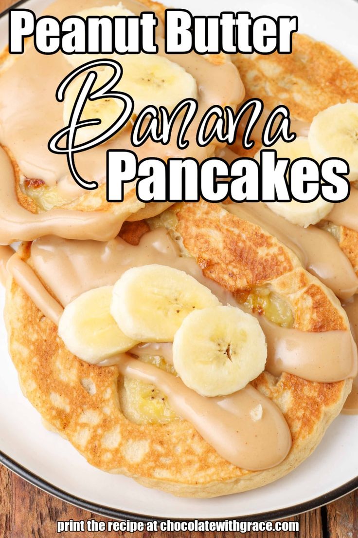 pancakes with bananas and peanut butter on top are served on a plate for breakfast or brunch