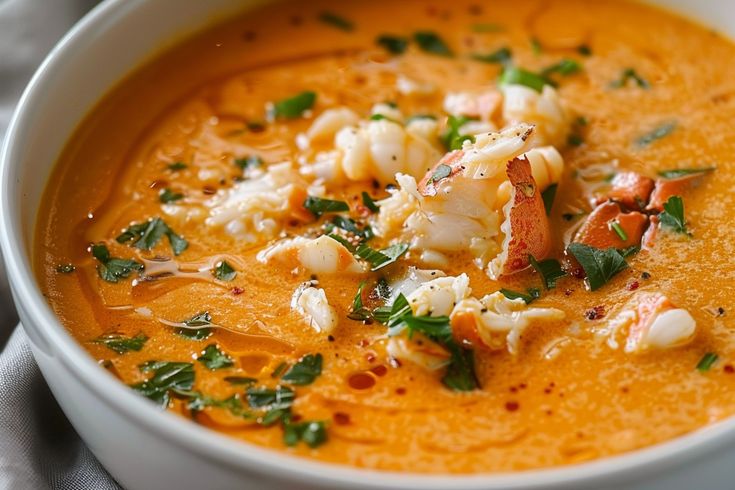 a white bowl filled with soup and garnished with shrimp