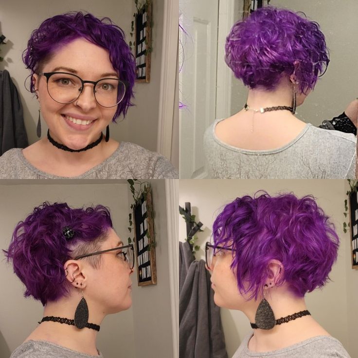 Curly Keracolor and iroiro purple pixie bob with undercut Iroiro Purple, Pixie Purple Hair, Pixie Bob With Undercut, Purple Pixie Haircut, Curly Purple Hair, Bob With Undercut, Purple Pixie Cut, Pixie Cut Shaved Sides, Short Purple Hair