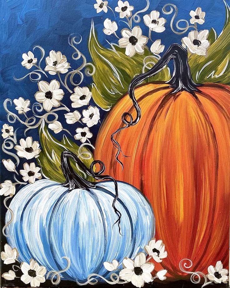 an acrylic painting of two pumpkins with white flowers on a blue background