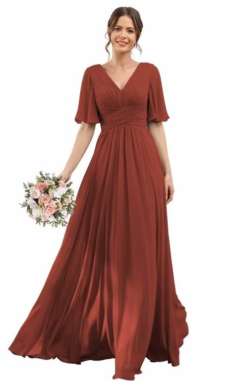 Flutter Sleeve Bridesmaid Dress, Sleeve Bridesmaid Dress, Short Sleeve Bridesmaid Dress, Formal Party Dresses, Rust Bridesmaid Dress, Bridesmaid Dresses Long Chiffon, Elegant Bridesmaid Dresses, Burnt Orange Dress, Dress For Wedding