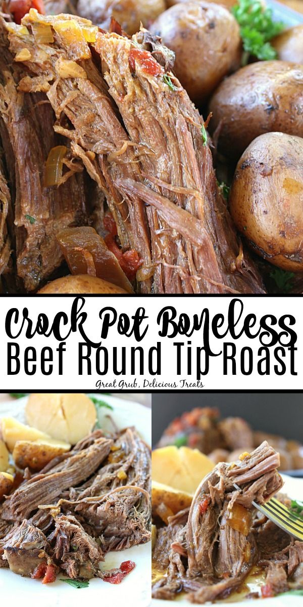 the crock pot boneless beef round - roast is served with potatoes and parmesan cheese