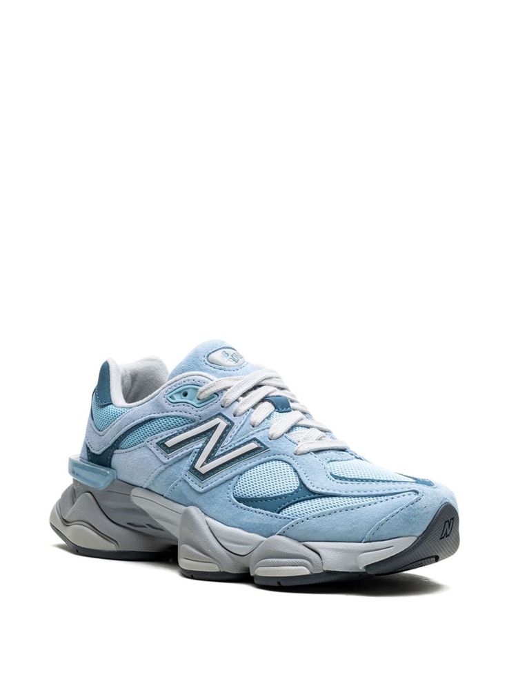 "Find NEW BALANCE 9060 \"\"chrome \"\" Sneakers on Editorialist. sky blue calf suede mesh panelling panelled design appliqué logo round toe front lace-up fastening logo patch at the tongue branded heel counter branded insole signature ABZORB® midsole chunky rubber sole These styles are supplied by a premium and authenticated sneaker marketplace. Stocking only the most sought-after footwear, they source and curate some of the most hard to find sneakers from around the world." New Balance 9060 Blue, Chrome Sneakers, Sky Blue Sneakers, Baby Blue Shoes, New Balances, Pretty Sneakers, New Balance Outfit, New Balance 9060, New Balance Blue