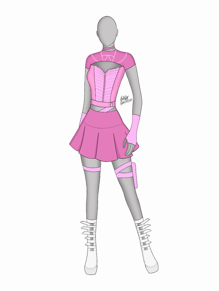 a drawing of a woman in pink dress and knee high boots with her hands on her hips