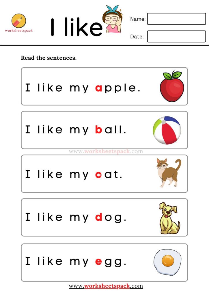 worksheet with words and pictures for children to practice reading the word i like