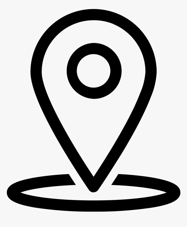 a black and white map pin icon with an upside down circle in the bottom right corner