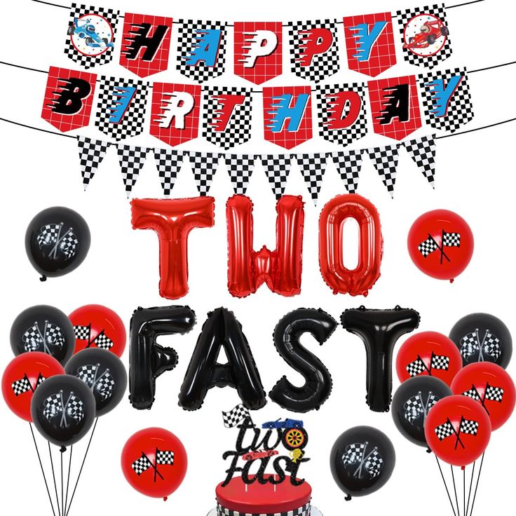 two fast birthday party supplies including balloons, streamers and race car theme decorations with the words happy birthday written on it