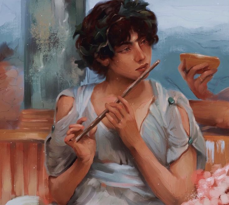 a painting of a woman holding a pipe