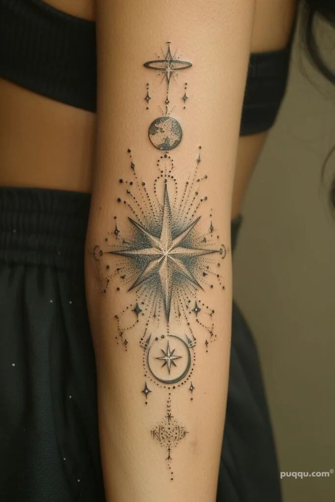 a woman's arm with a star, moon and compass tattoo design on it