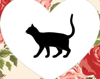 a black cat silhouetted against a white heart surrounded by pink roses on a beige background