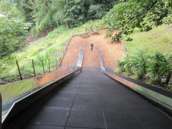 a person is standing on the top of a ramp in front of some trees and bushes