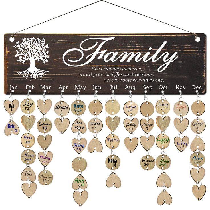 a family sign hanging from the side of a wooden wall with hearts attached to it