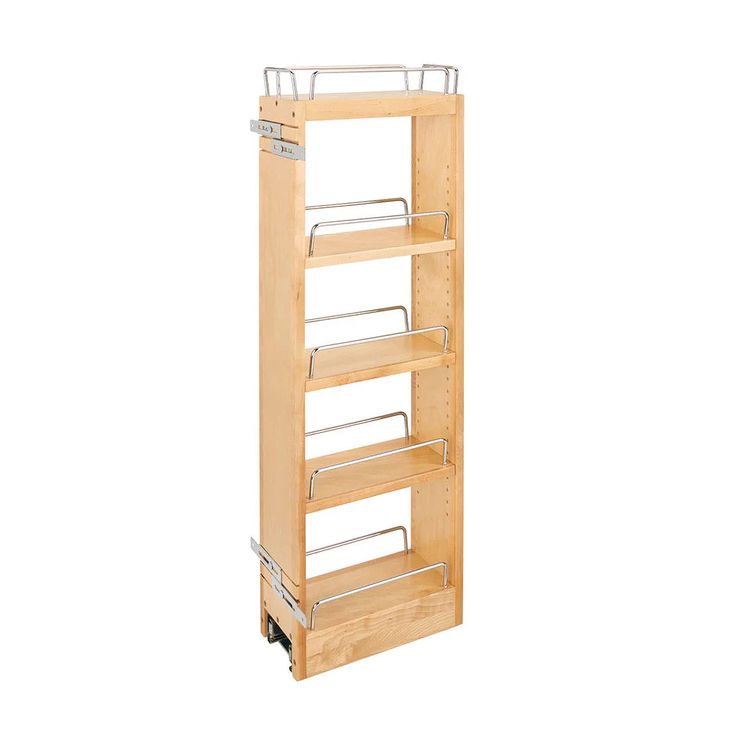 a wooden shelving unit with four shelves