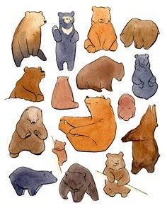 watercolor and ink drawings of different types of bears on a white background, each bear has its own unique shape