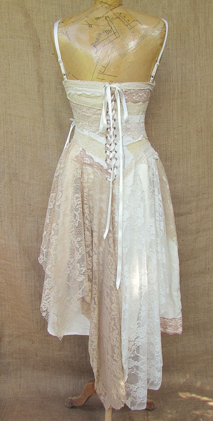 White Witchy Dress, Diy Lace Up Back Dress, Fairy Slip Dress, Shoe Corset, Lace Up Dress Back, Skirt Into Dress, Diy Lace Dress, Layered Lace Dress, Spell Dress