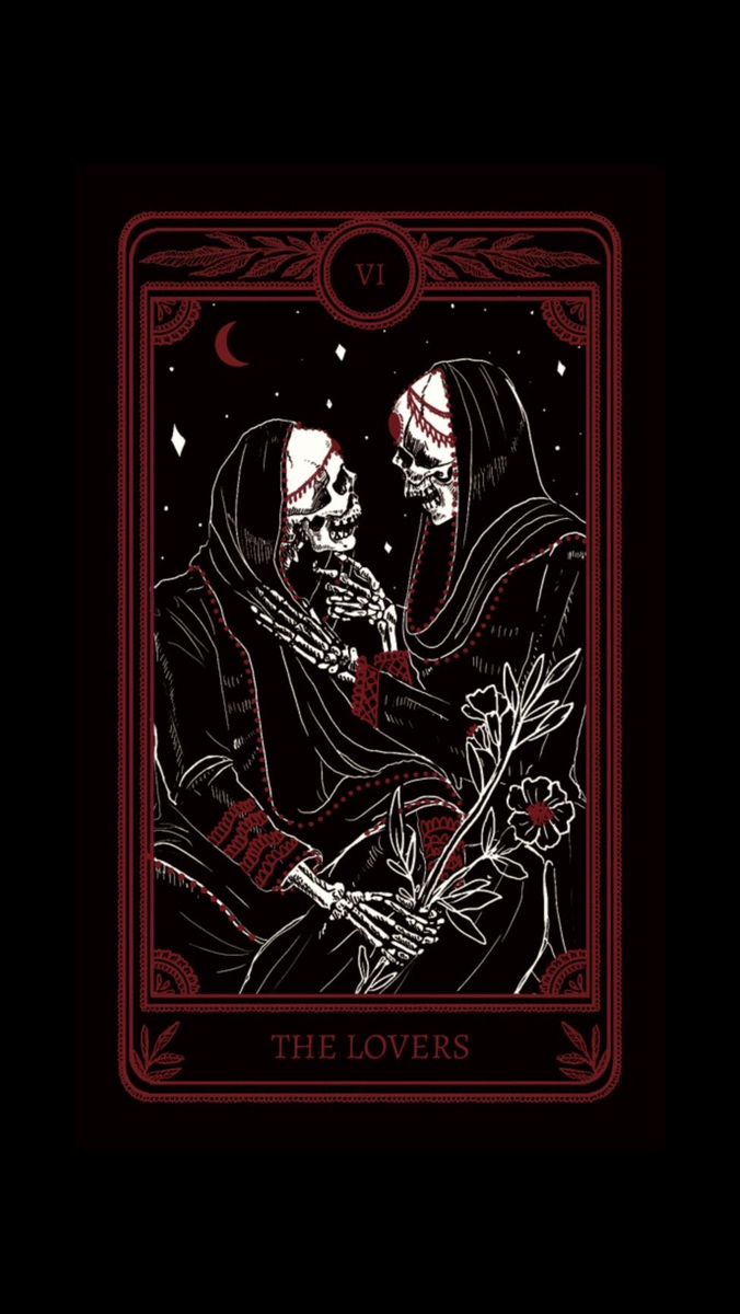 the lovers tarot card with two skeletons holding each other