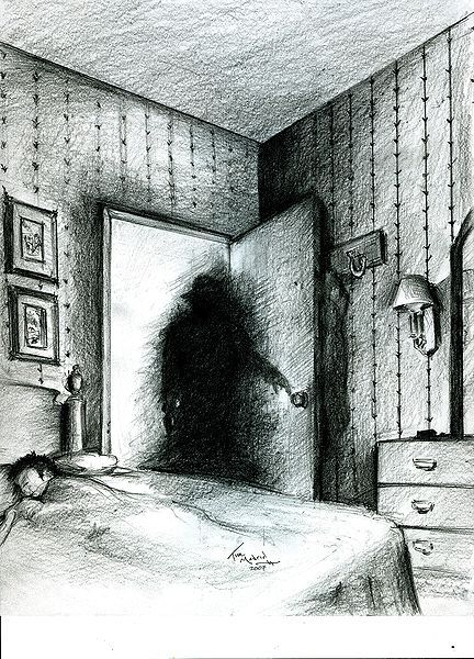 a black and white drawing of a person in a room with a door open to another room