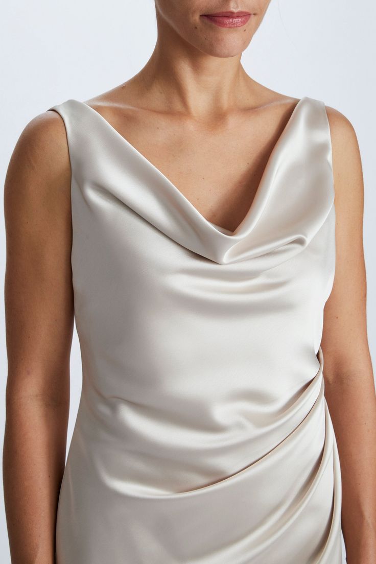 Cowl neck cocktail dress. Shown in Champagne Fluid Satin. Cowl Neck Slip Dress Pattern, Cowl Dresses, Slip Dress Pattern, Wedding Dress Bolero, Satin Cowl Neck Dress, Fashion Study, Amsale Bridesmaid, Amsale Dress, Emerald Dress