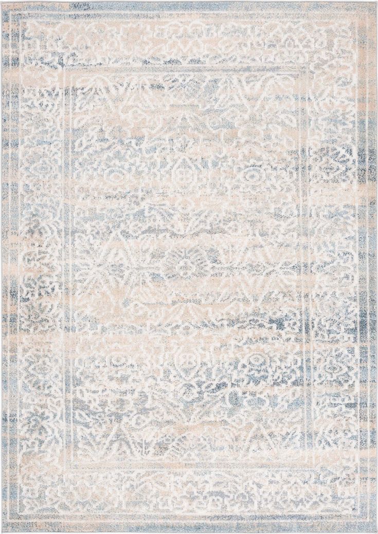 an area rug with blue and beige colors on the bottom, in front of a white background