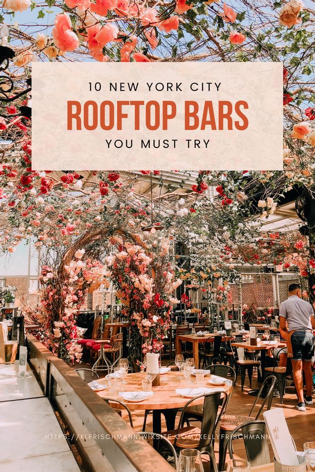 the roof top bar in new york city with flowers hanging from it's ceiling