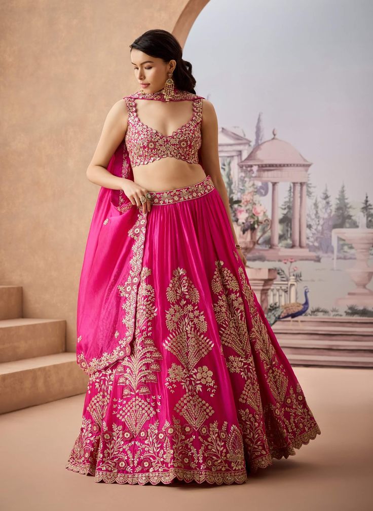 Step into regal elegance with this stunning lehenga featuring a classic moghul motif pattern. Adorned with marodi-style embroidery, it showcases intricate gotapatti work, dori, and sequins that create a mesmerizing visual appeal. Perfect for festive occasions and celebrations, this lehenga combines traditional craftsmanship with contemporary flair, ensuring you make a statement wherever you go. Designer Pink Lehenga With Intricate Embroidery, Pink Lehenga With Printed Motifs For Wedding, Royal Pink Lehenga, Festival Pink Lehenga With Printed Motifs, Glamorous Pink Lehenga With Intricate Embroidery, Pink Lehenga, Desi Fashion, Indian Design, Every Woman