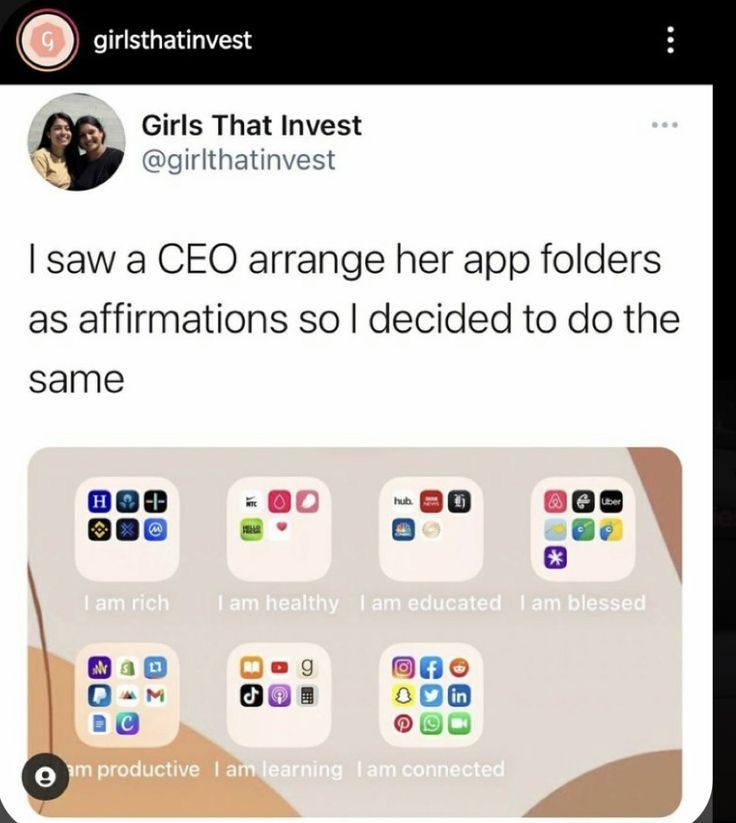 an image of someone's tweeting on their twitter account with the caption i saw a co arrange her app folders as affirmations so decided to do the same