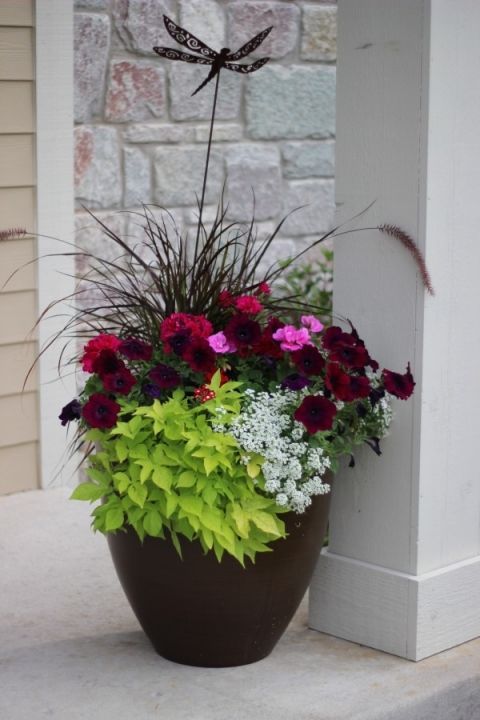 a potted plant with purple and red flowers sitting on a porch next to a brick wall