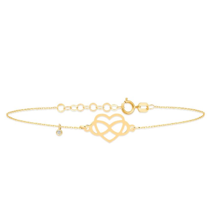 "This tiny infinity heart bracelet is timeless and exquisite, with a traditional heart and infinity design for a delightfully feminine accent to your style. This bracelet, made entirely of recycled 14k solid gold, is the ideal present for everyone you care about, including yourself. Elegant bracelet with 5 real diamond stones (0.05ct in total). The chain and other parts are made of 14k real yellow gold. ‣ 2 Years Warranty ‣ Free Express International Shipping ‣ Free returns within 30 days from t Heart And Infinity, Traditional Heart, Heart Bracelets, Solo Dress, Gold Heart Bracelet, Gold Jewelry Gift, Gift For Anniversary, Infinity Design, Chevron Necklace