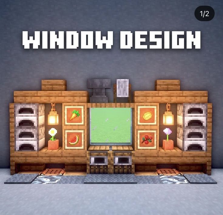 an image of a living room in minecraft with the words window design above it