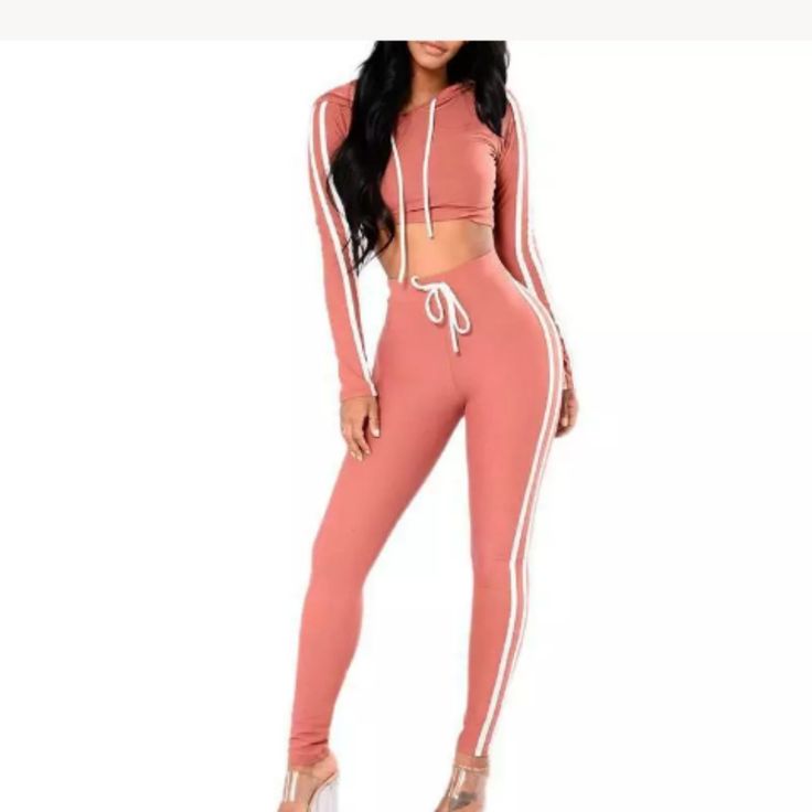 2pcs Tracksuit Pink Stretch Two-piece Set, Pink Stretchy Two-piece Set, Pink Stretchable Two-piece Set, Fitted Two-piece Set For Loungewear, Fitted Two-piece Spring Set, Fitted Long Sleeve Two-piece Set For Spring, Fitted 2 Piece Sets For Spring, Fitted Solid Color Matching Pant Set, Fitted Matching Pant Set