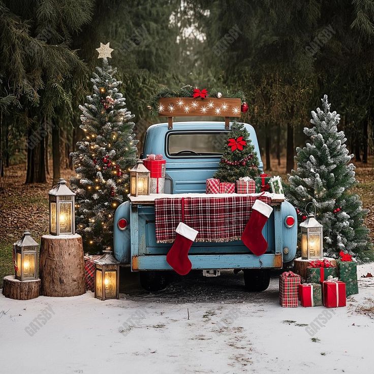 an old blue truck with christmas decorations and presents on the back parked in front of trees