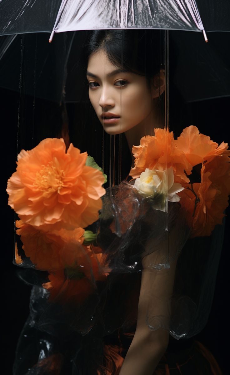 a woman holding an umbrella over her head and flowers in front of her face,