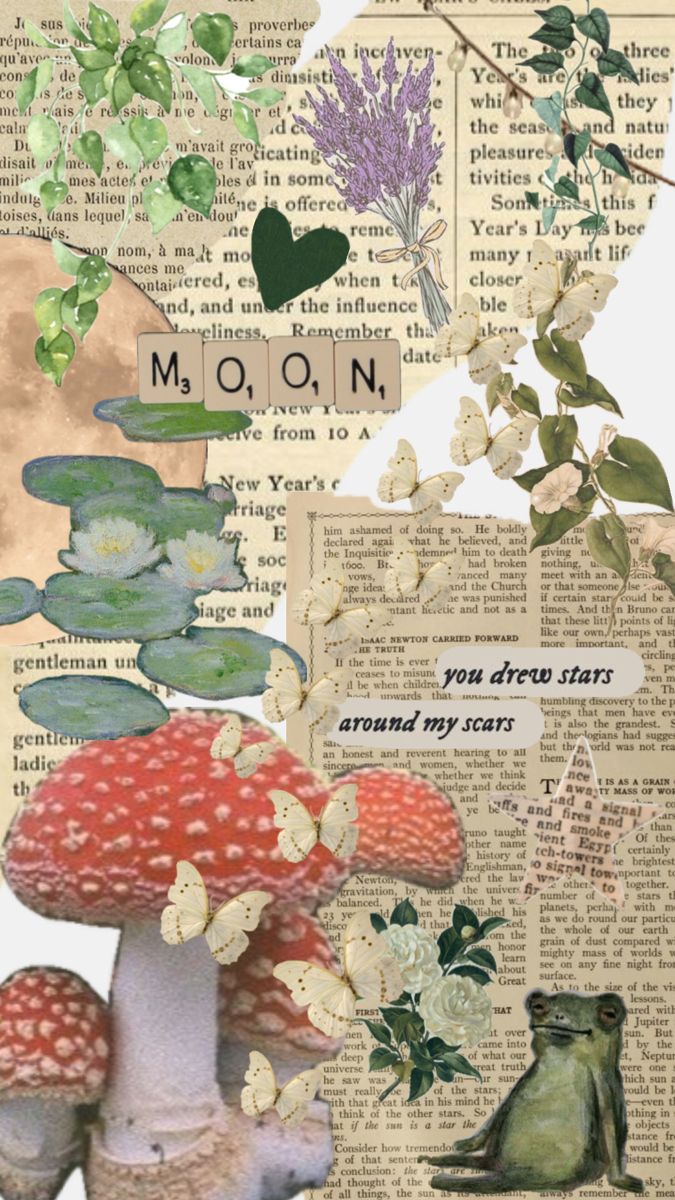 an altered collage with mushrooms, plants and words on newspaper paper that read moon