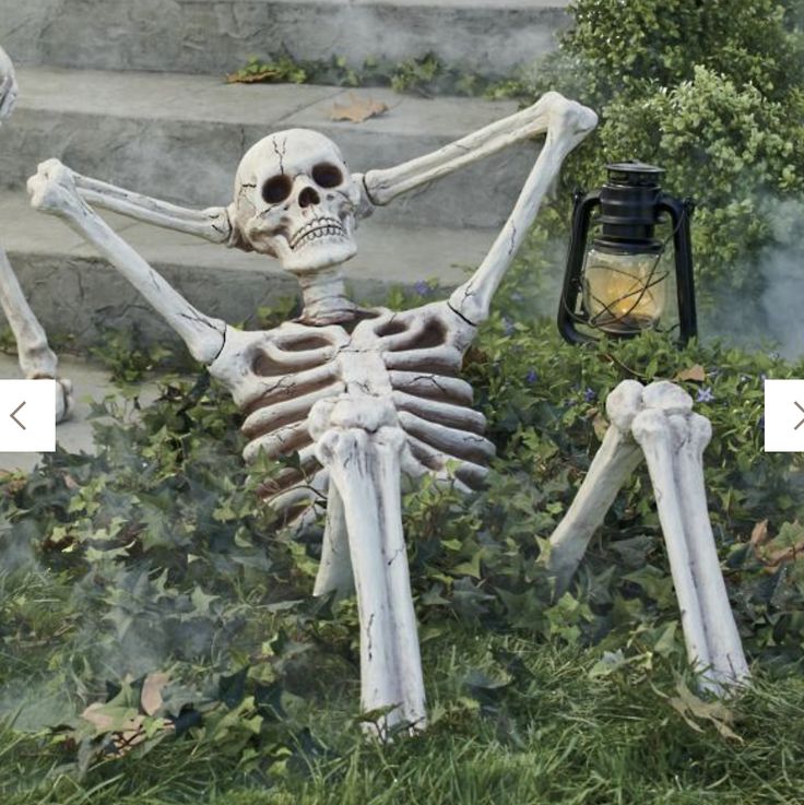 there is a skeleton sitting in the grass next to a lantern