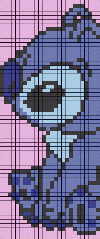 an image of a cartoon character in blue and pink on a purple background with black dots