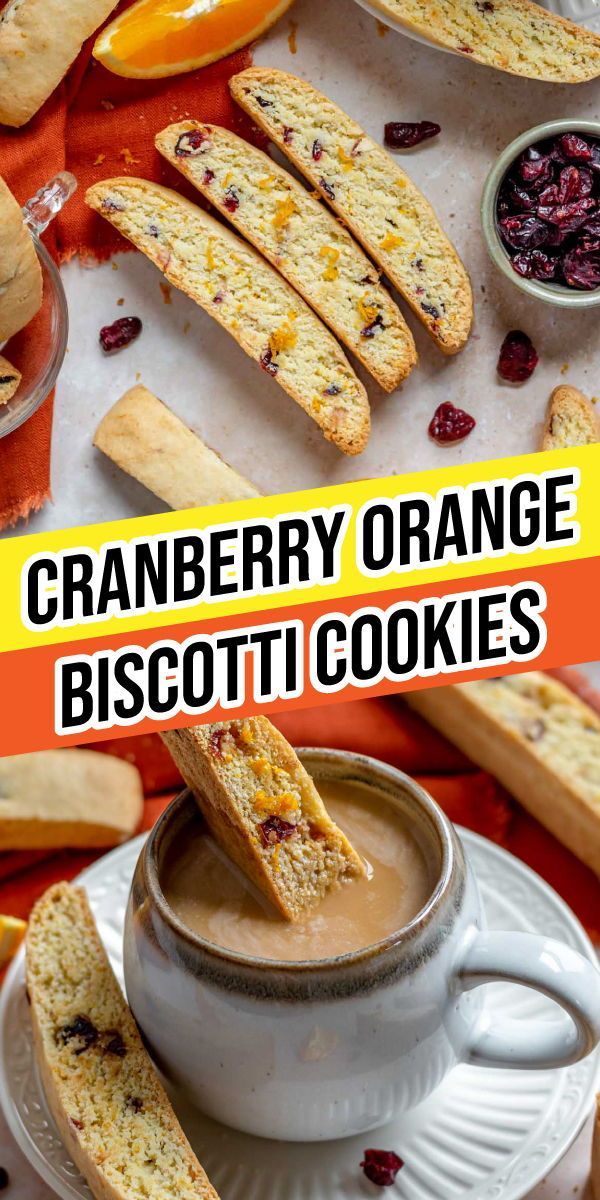 cranberry orange biscotti cookies on a white plate with the title above it